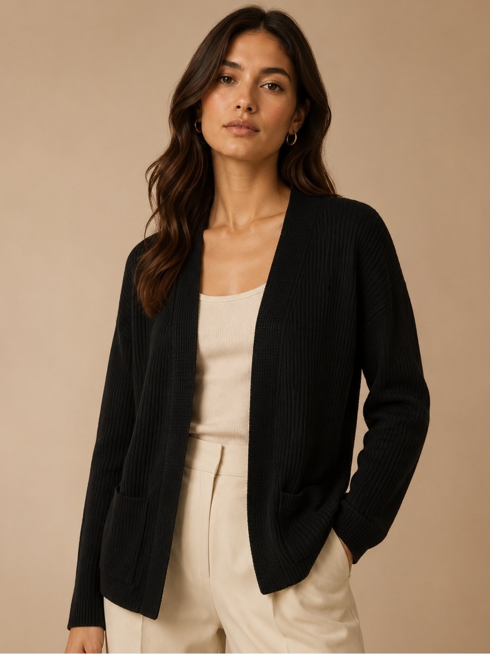 Derek Heart Black Ribbed Open-Front Cardigan